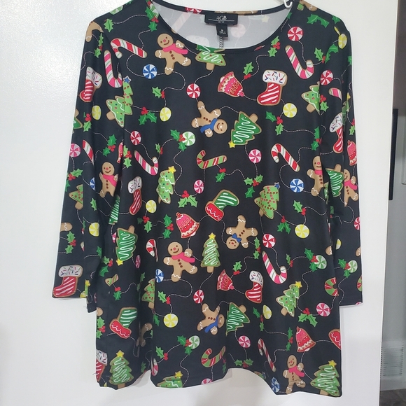 Agb Dress Tops - Festive Black Holiday Print Women's Tunic